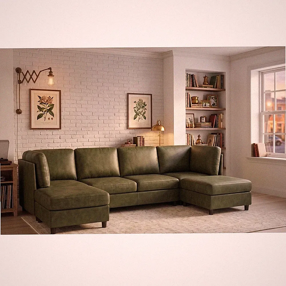 Faux Leather Modular Sectional Sofa, Olive, 6 Seat