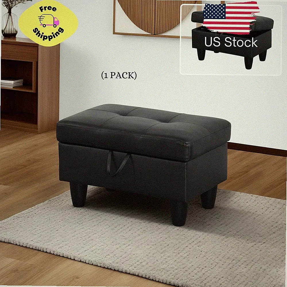 Faux Leather Ottoman with Storage for Modular Sectional Sofa, Black