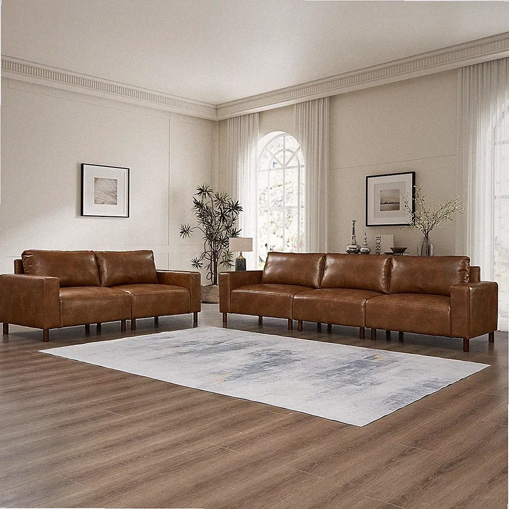 Faux Leather Sectional Couch Set with Solid Wood Legs, Mid-Century Modern Modula