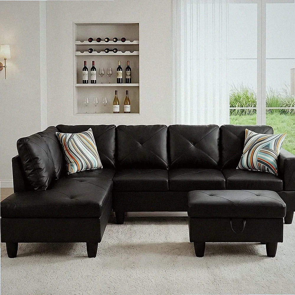 Faux Leather Sectional Couches for Living Room - L Shaped Black | 97.5"L X 66.5"