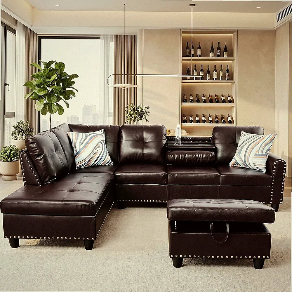 Faux Leather Sectional Couches for Living Room - L Shaped Brown