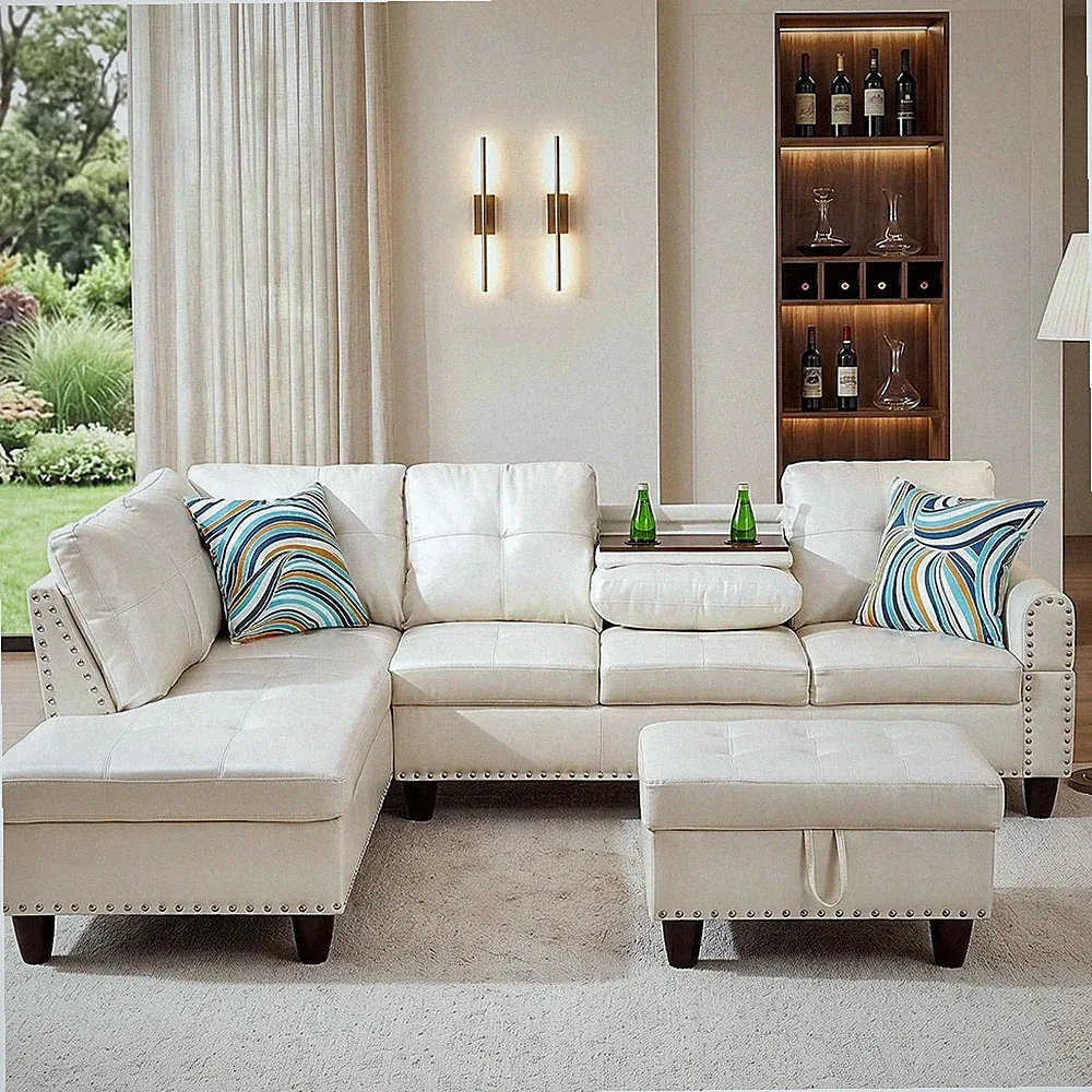 Faux Leather Sectional Couches for Living Room - L Shaped White | 97.5"L X 69.5"