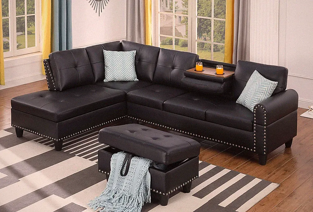 Faux Leather Sectional Sofa with Storage Black 98"