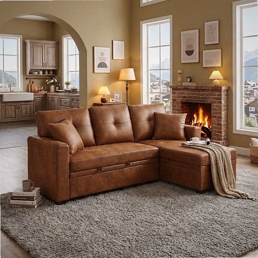 Faux Leather Sleeper Sofa w/ Pull-Out Bed Reversible Chaise Convertible Sofa Bed