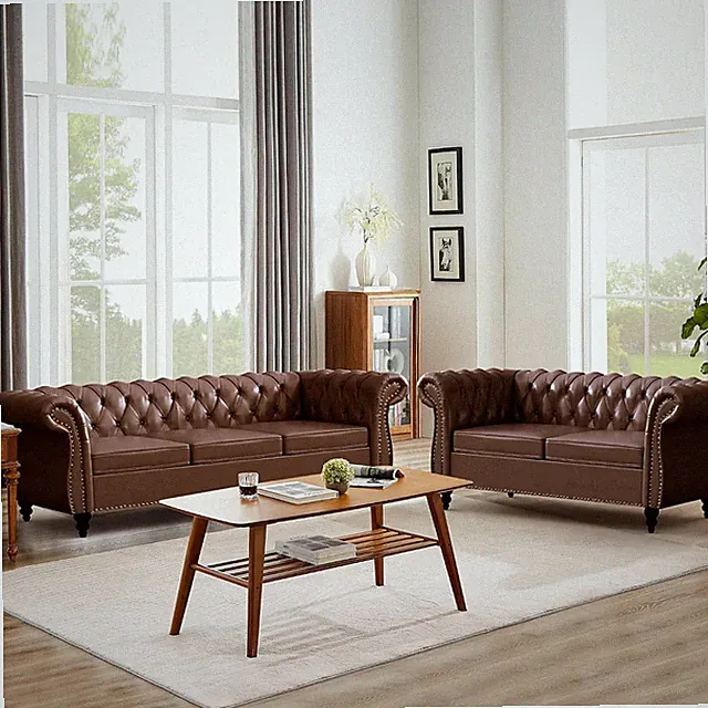 Faux Leather Sofa and Loveseat Set, Mid Century Modern Upholstered Couch with Cu