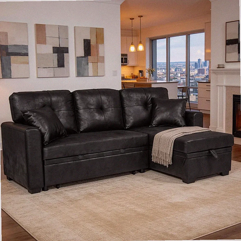 Faux Leather Tufted Convertible Sleeper Sectional Sofa Bed, 3 Seater L Shaped Re