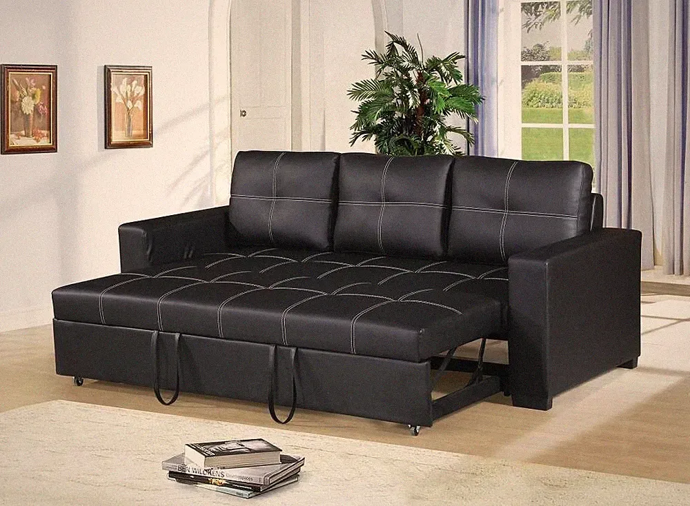 Faux Leather Tufted Convertible Sofa Sectional Sofa w/ Pocket Coil Seat Cushion