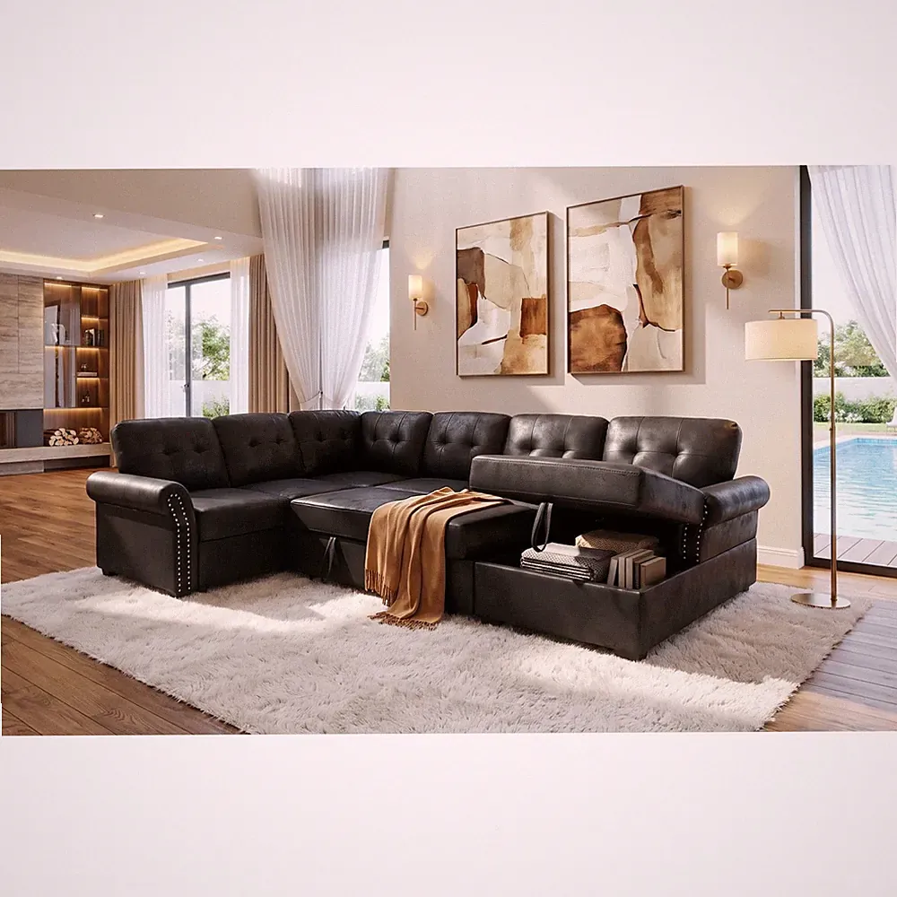 Faux Leather U-Shape Sectional Sleeper Sofa Pull-Out Bed with Storage Chaise