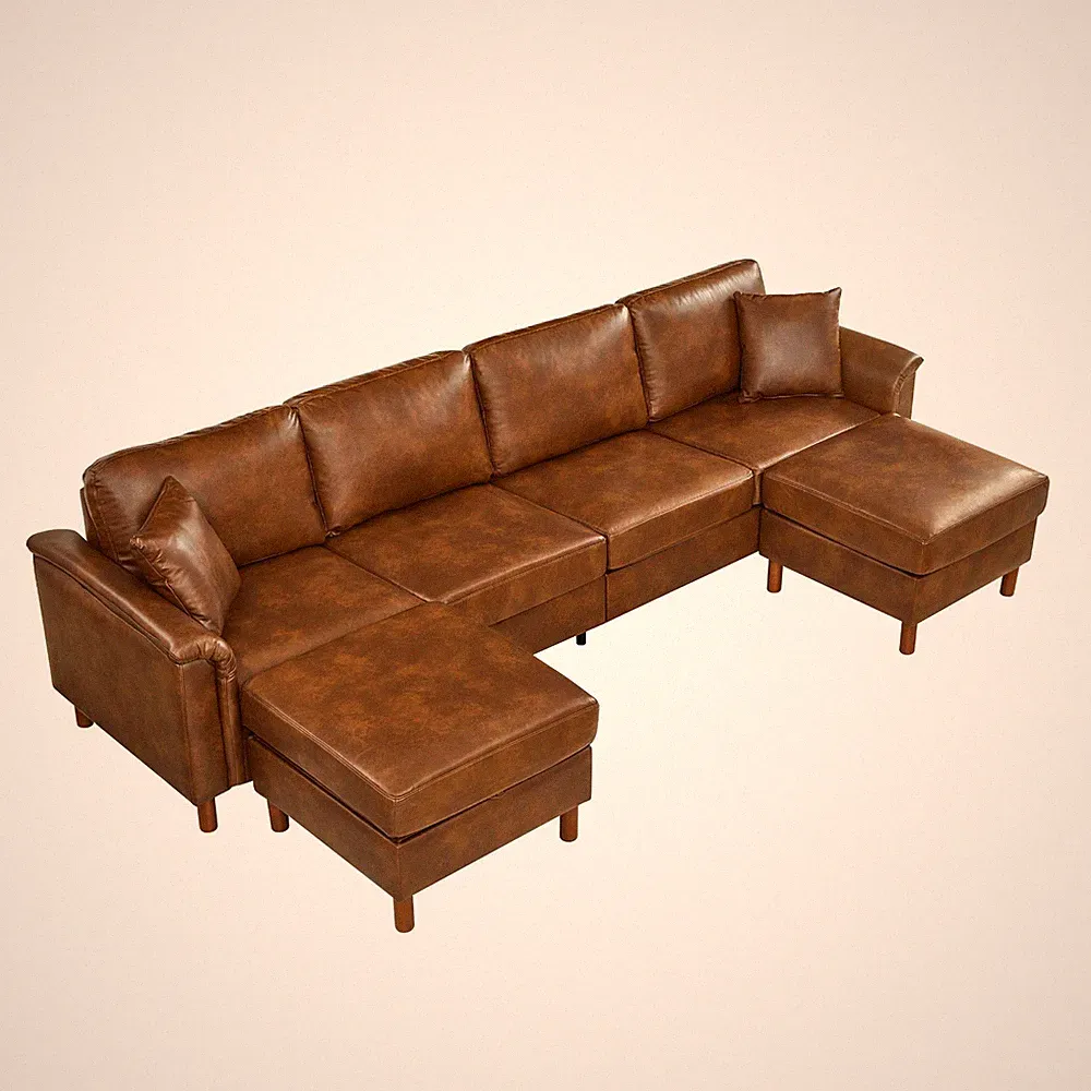 Faux Leather U-Shaped Sectional Sofa Upholstered Couch With 2 Storage Ottomans