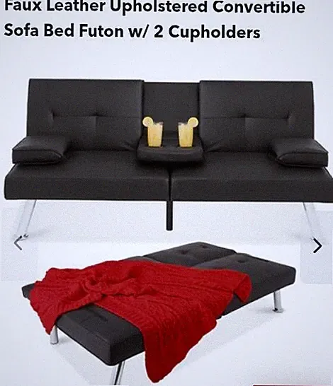 Faux Leather Upholstered Convertible Sofa Bed Futon w/ 2 Cupholders