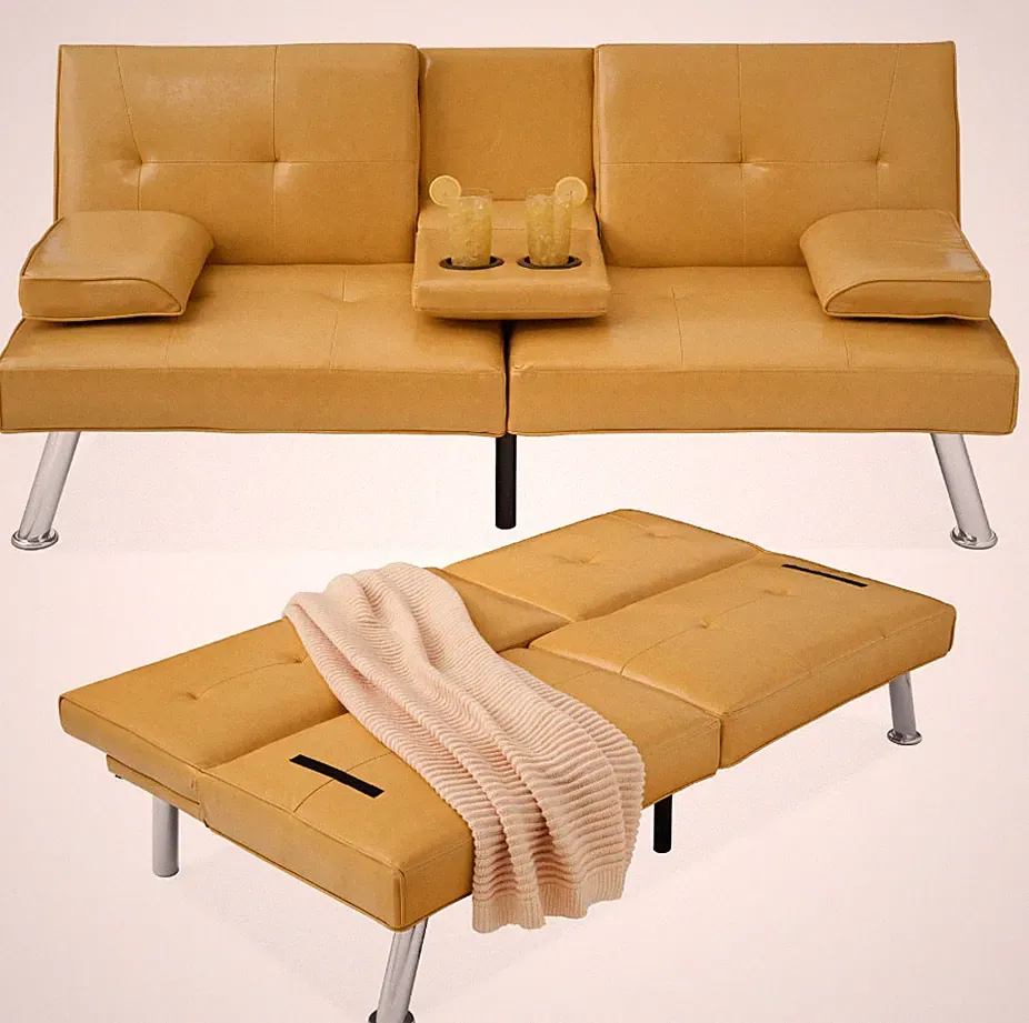 Faux Leather Upholstered Convertible Sofa Bed Futon w/ 2 Cupholders