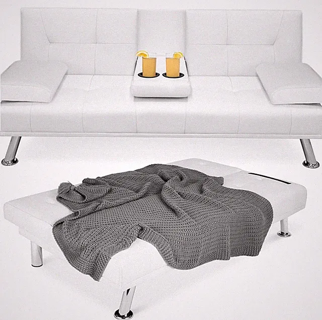 Faux Leather Upholstered Convertible Sofa Bed Futon w/ 2 Cupholders