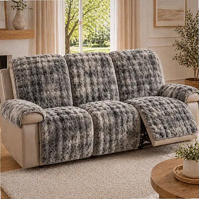 Faux Rabbit Fur Plush 3-Seat Sofa Recliner Cover Set Non-Slip Furniture Protecto