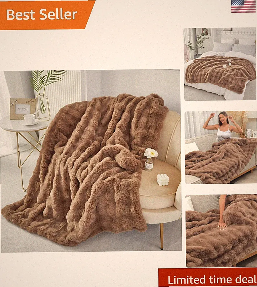 Faux Rabbit Fur Throw Blanket Ruched Plush Fuzzy Blanket for Couch Bed Sofa H...
