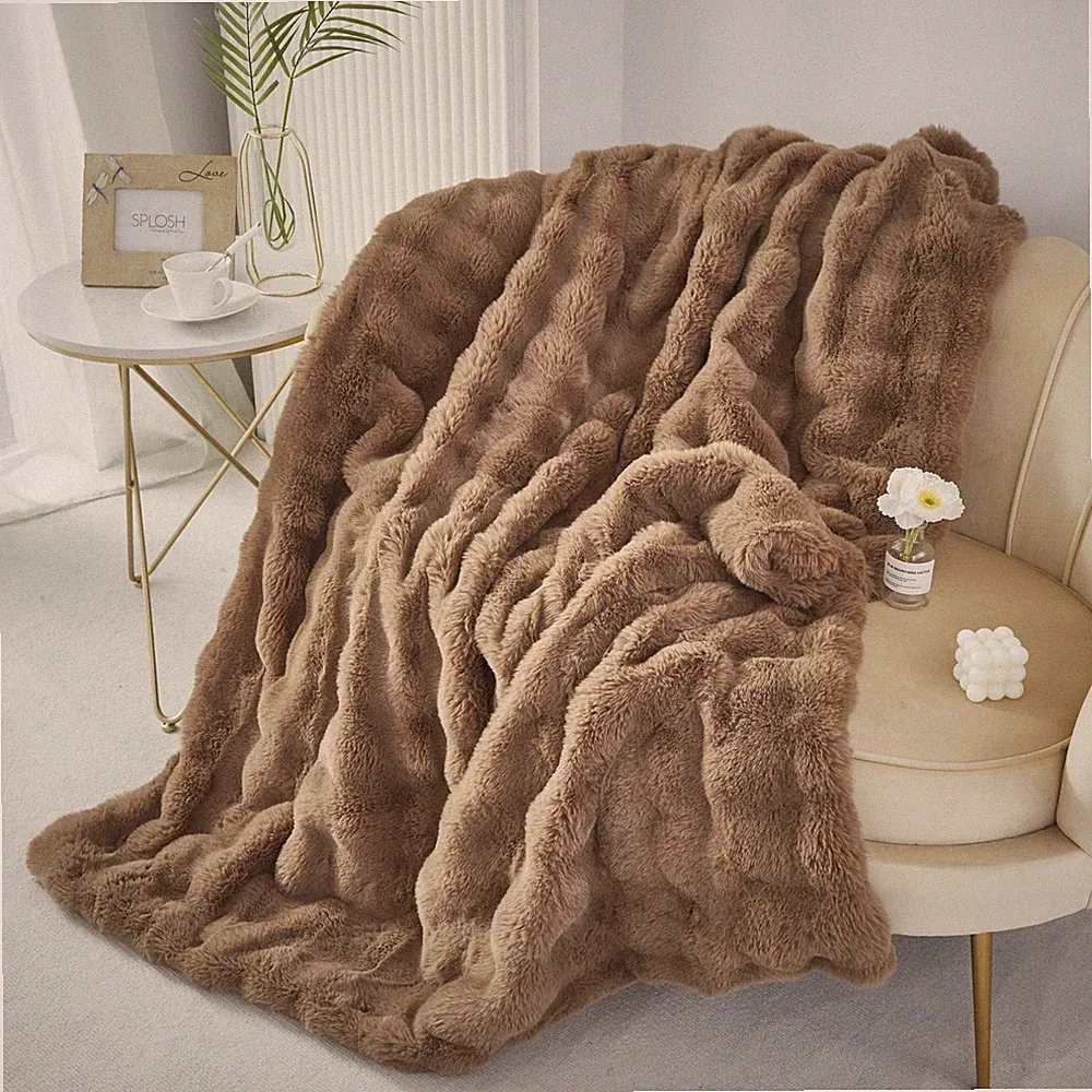 Faux Rabbit Fur Throw Blanket Ruched Plush Fuzzy Blanket for Couch Bed Sofa H...