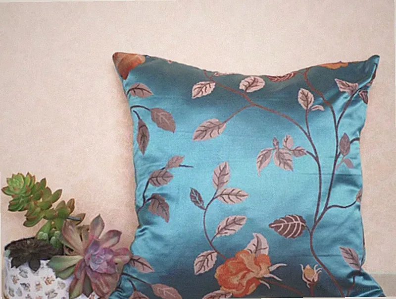 Faux Silk Embroidered Flowers Pillowcase Cushion Cover For Office Sofa Bed Chair