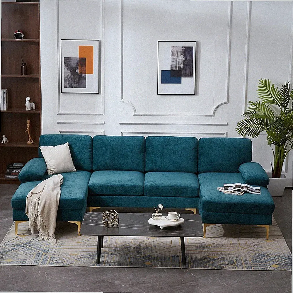 FCH Modern Sectional Couch Sofa Set 4 Seat U-Shaped Living Room Couch Chenille