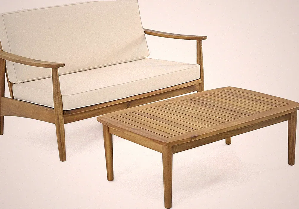 Felix Acacia Wood Loveseat Set with Coffee Table, Teak Finish, Beige