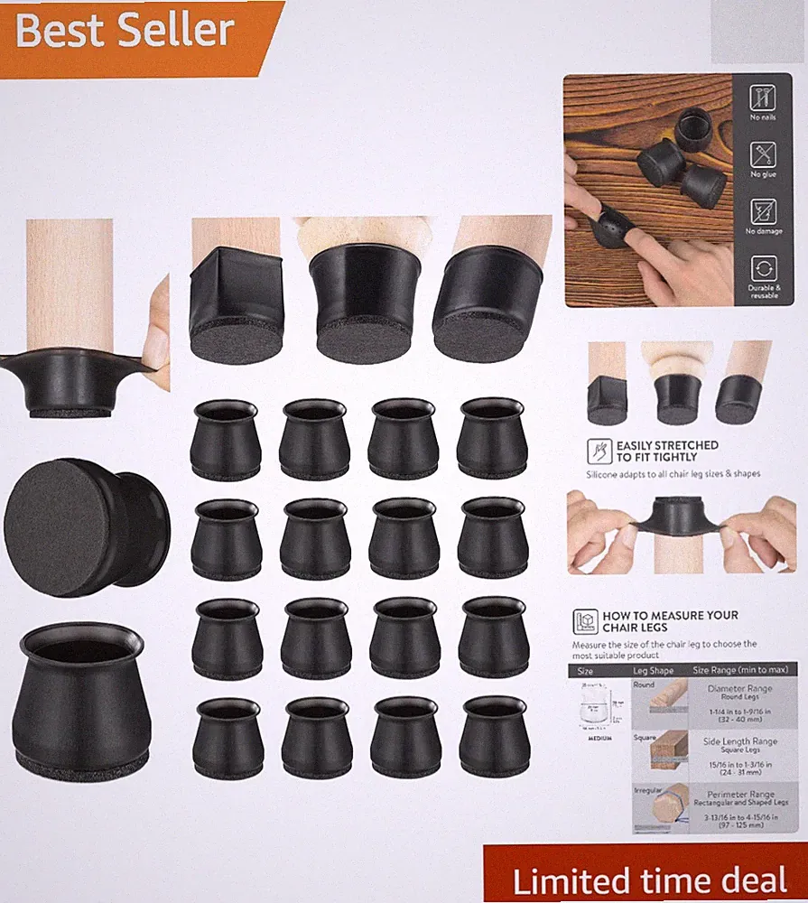 Felt Bottom Silicone Chair Leg Covers - 16 Black Pads for Indoor & Outdoor Use