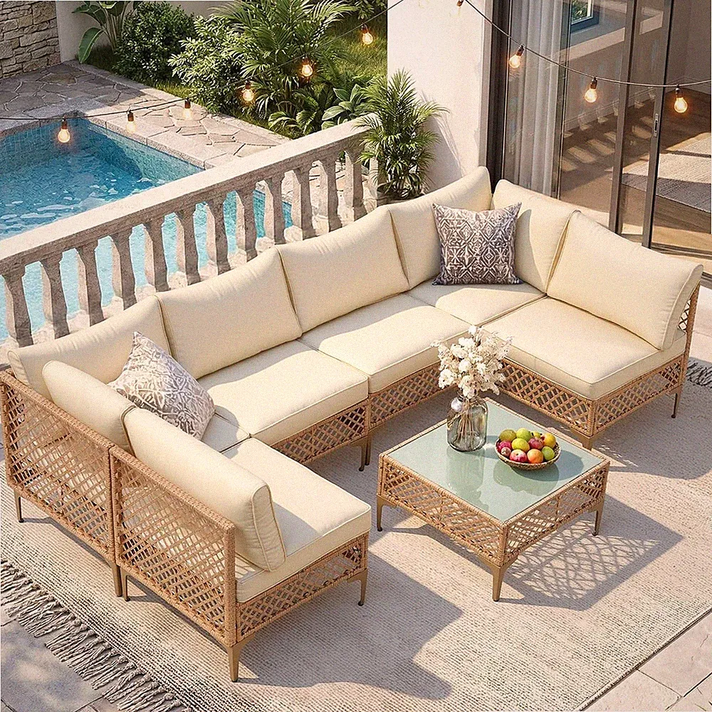 FHFO 7 Piece Patio Furniture Set, Outdoor Wicker Modular Sectional Patio Convers