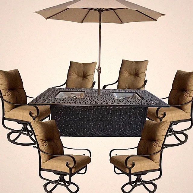 Fire pit dining table set 9 piece outdoor cast aluminum patio furniture.