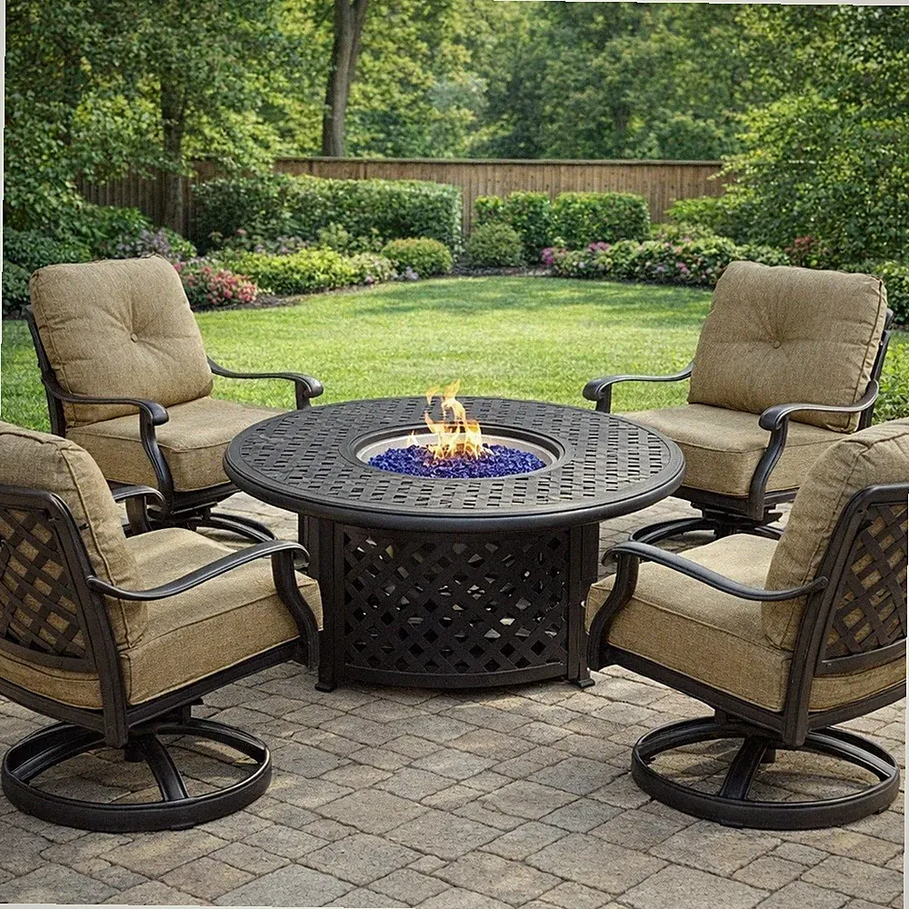 Fire pit dining table with swivel chairs 5pc Set Nassau Propane Patio Heavy Furn