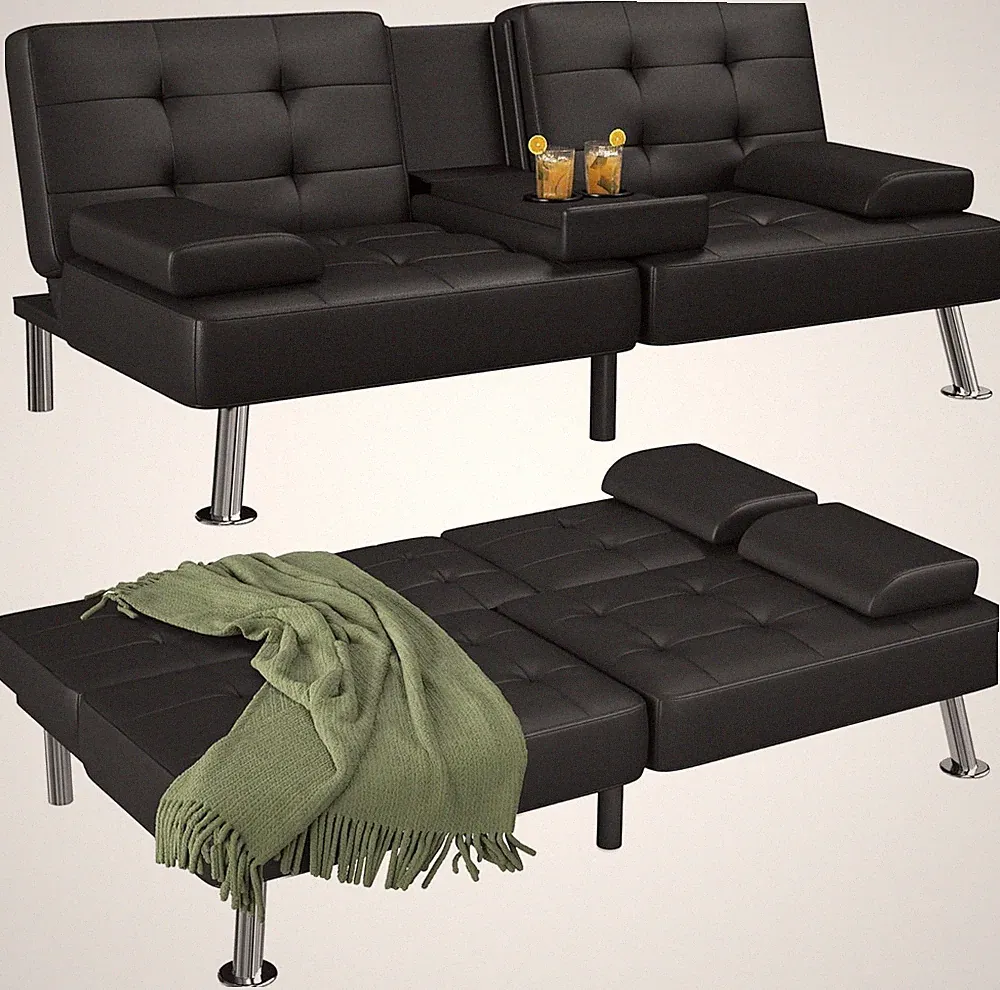 Flamaker Futon Sofa Bed Folding Convertible with 2 Cup Holders Black