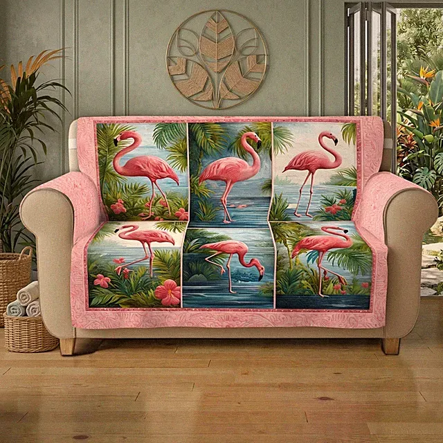 Flamingo Sofa Cover Tropical Quilt Couch Slipcover Beach House Summer Decor Gift