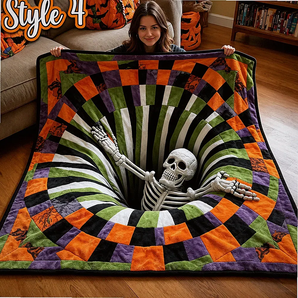 Flannel 2D Skeleton Vortex Optical Illusion Blanket Halloween Spiral Patchwork