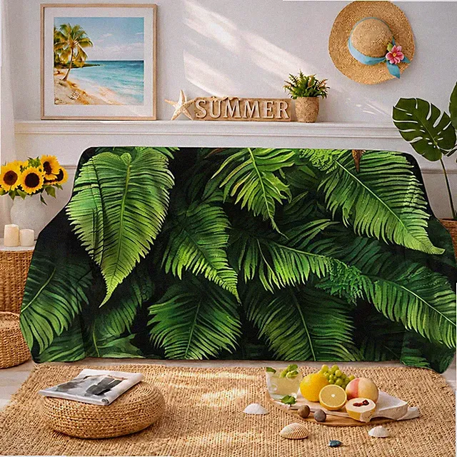 Flannel Sofa Towel with Tropical Fern Leaf 60" x 80" Couch Throw Blanket