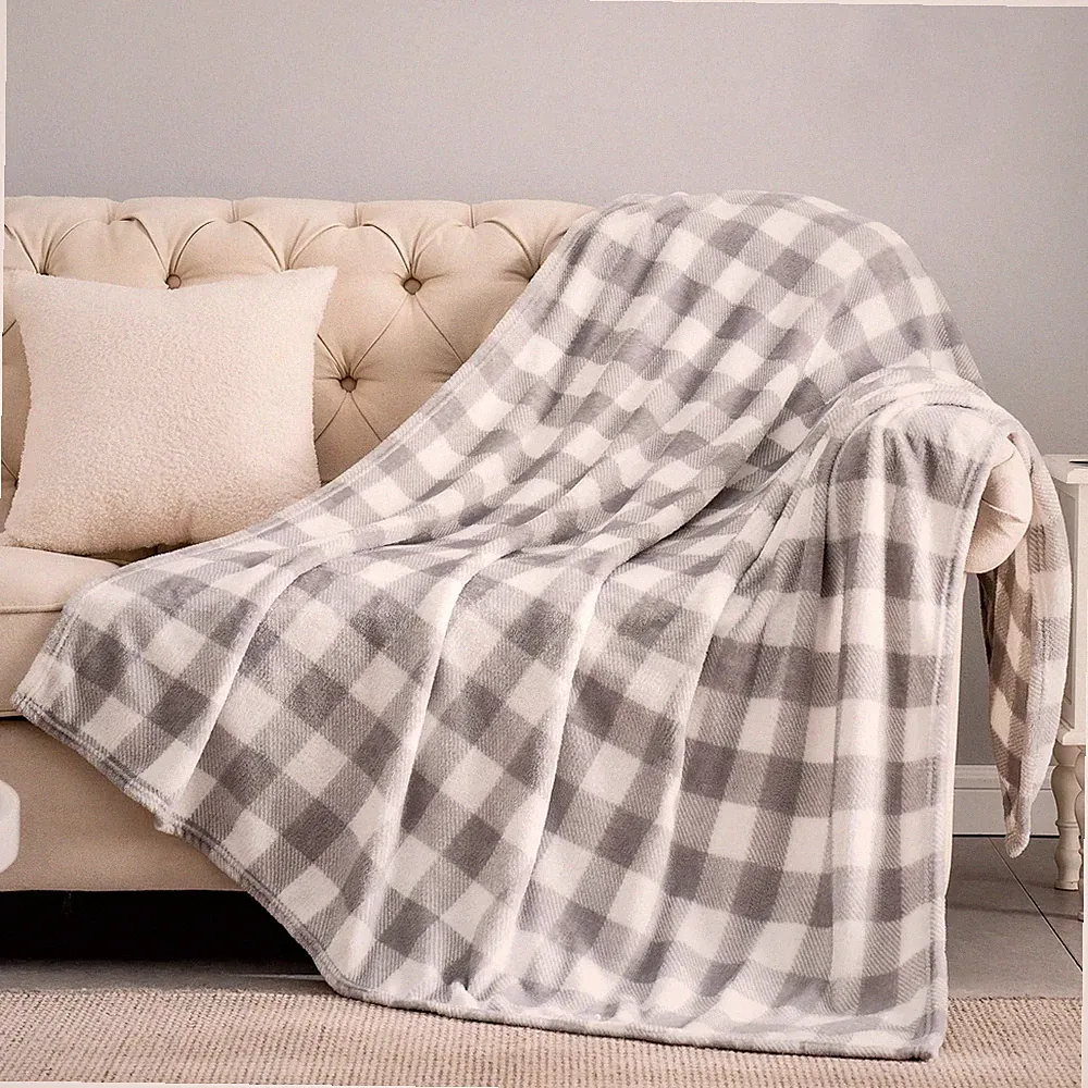 Fleece Throw Blanket for Couch Sofa Bed, Buffalo Plaid Decor Grey and White C...