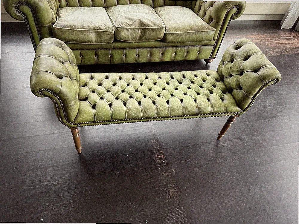 Fleming & Howland Chesterfield Green Leather Sofa & Chaise Two-Piece Tufted Set