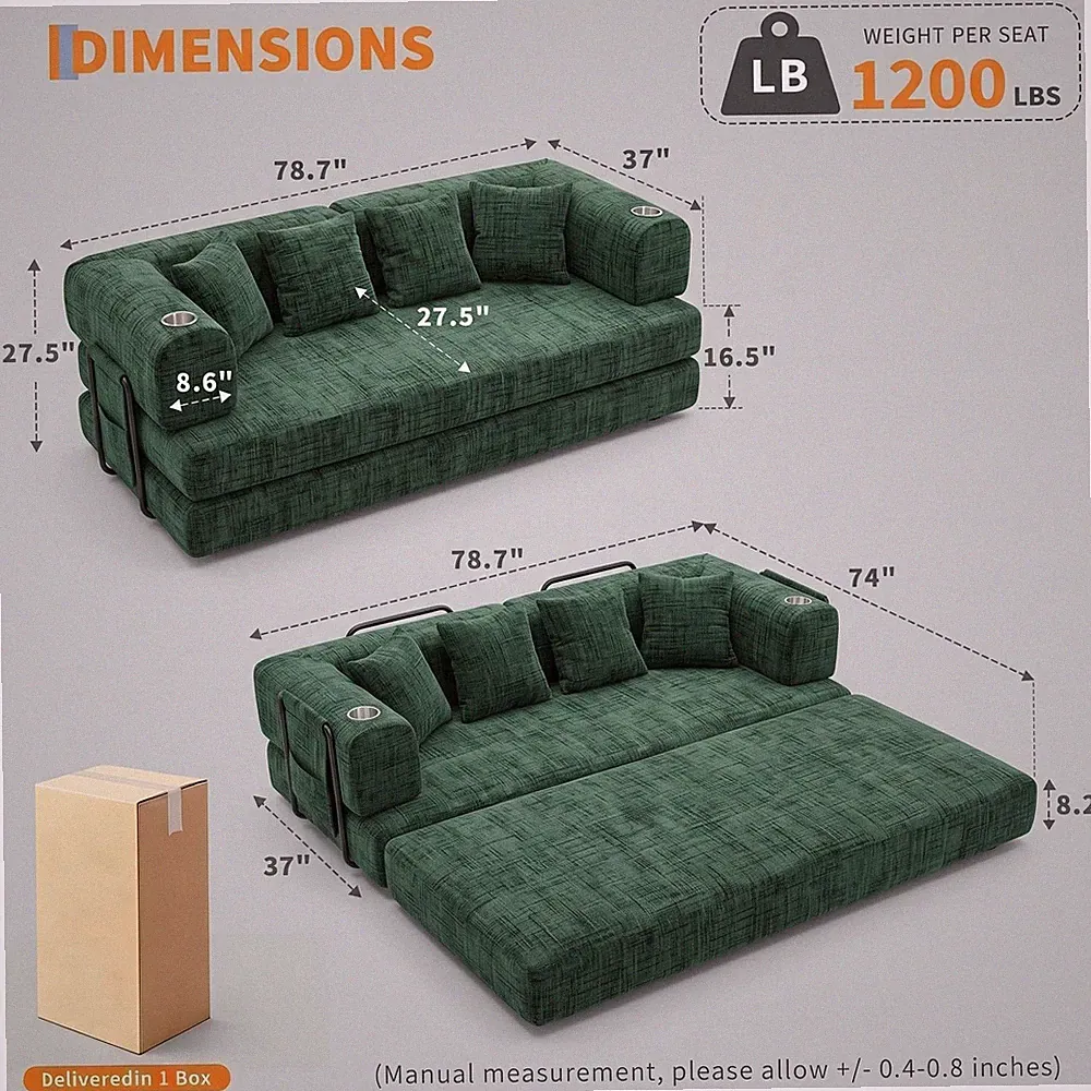 Floor Sofa 79" Corduroy 4 Pillows 2 Cup Holders Deep Seat Living Room