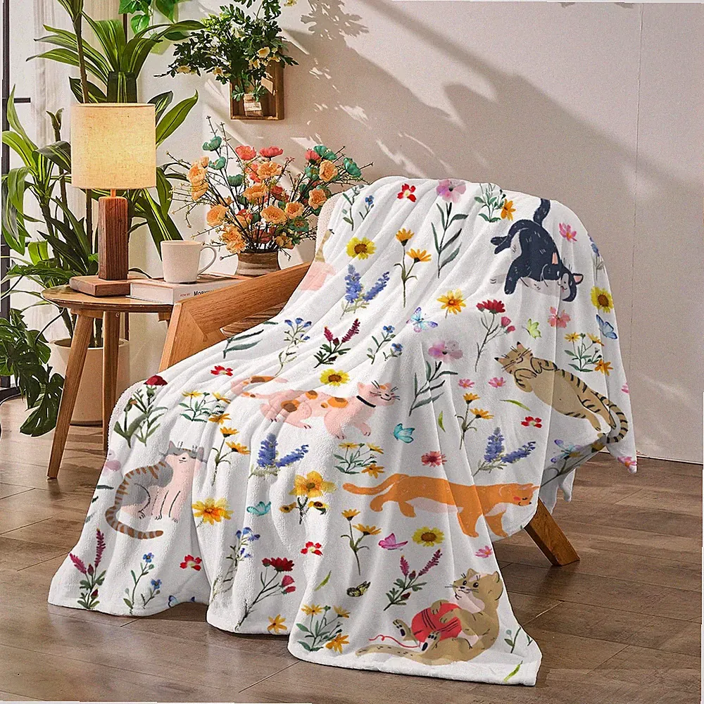 Floral Cat Throw Blanket Watercolor Wildflower Flannel Sofa Bed 60x80 Inch