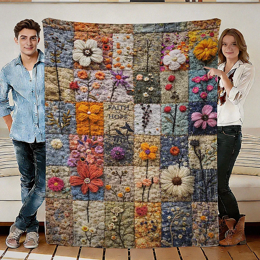 Floral Patchwork Flannel Throw Blanket Soft Cozy Napping Travel Sofa Bed Blanket