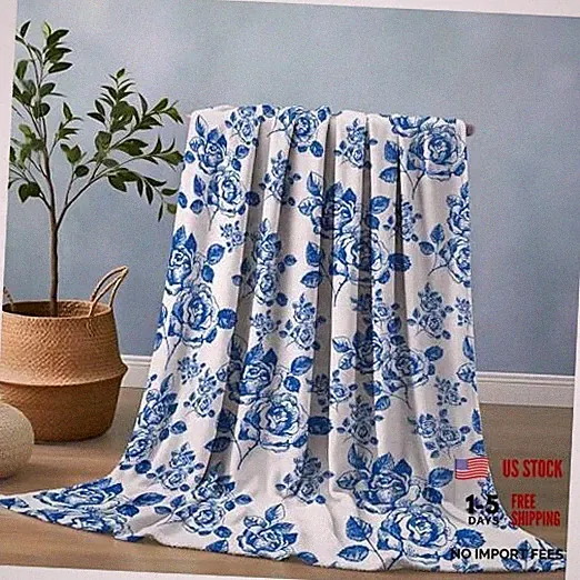 Floral Throw Blanket and White French Country Chinoiserie 50"Wx60"L Blue