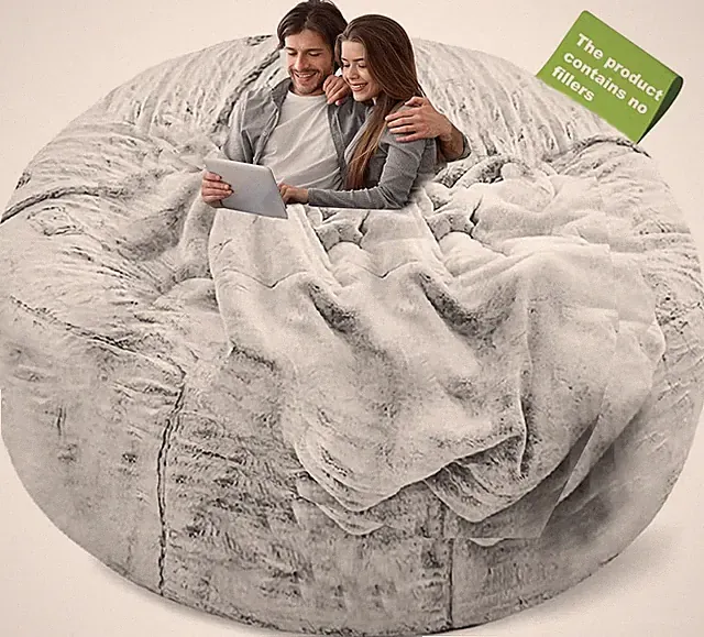 Fluffy 5Ft Snow Grey Bean Bag Chair Cover - Washable & Soft for Adults