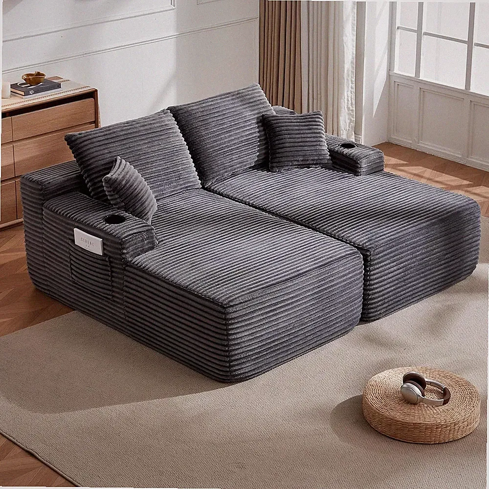 Fluffy 69-Inch Corduroy Double Recliner Chaise Lounge Sofa with 4 Pillows