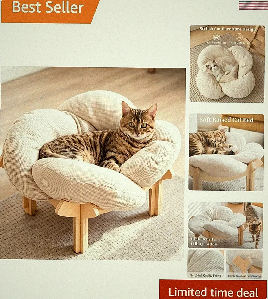 Fluffy Cat Bed - Elevated White Sofa with Birch Frame for Cats & Dogs