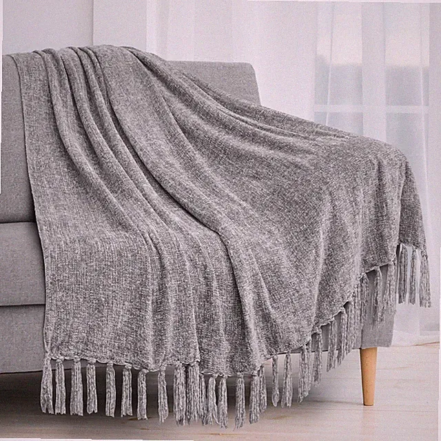 Fluffy Chenille Knitted Throw Blanket Decorative Fringe for Bed Sofa Couch Chair