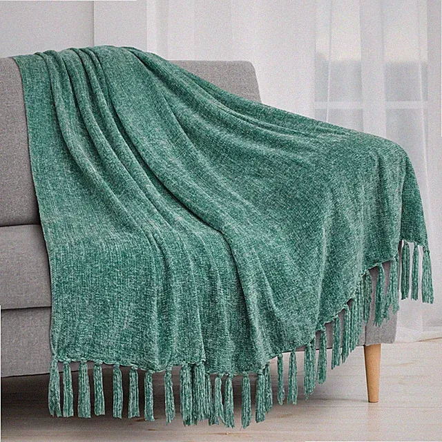 Fluffy Chenille Knitted Throw Blanket Decorative Fringe for Bed Sofa Couch Chair
