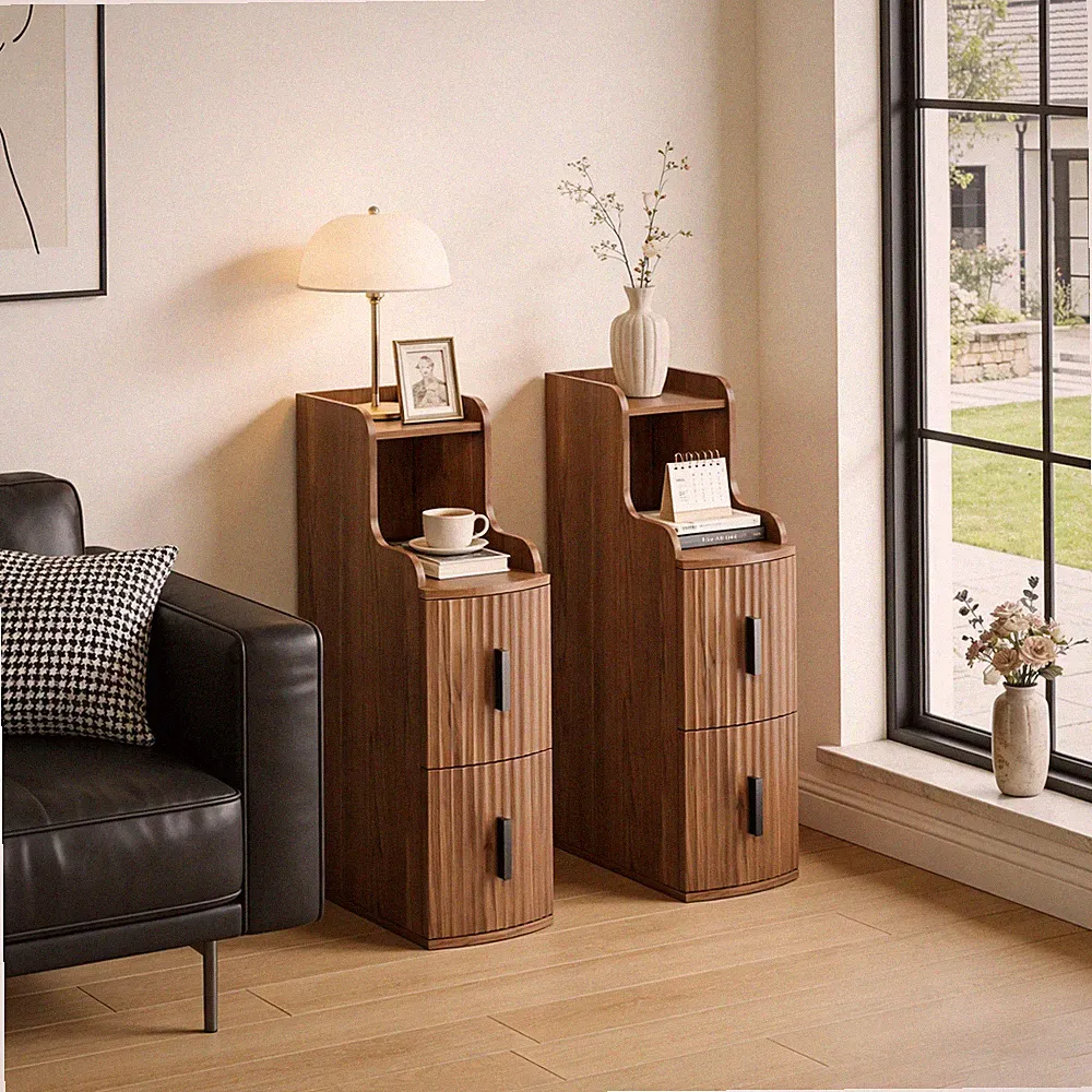 Fluted Narrow Nightstand with 2 Drawers,Slim Wooden Bedside Table for Bedroom