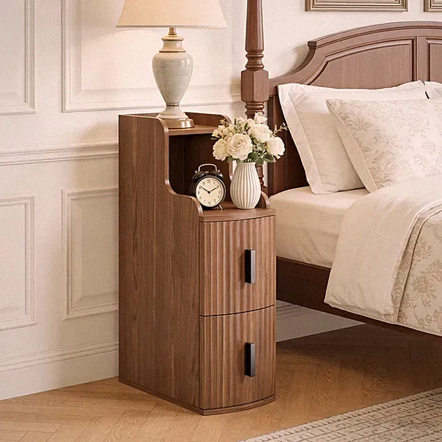 Fluted Narrow Nightstand with 2 Drawers,Wooden Bedside Table for Bedroom,Walnut