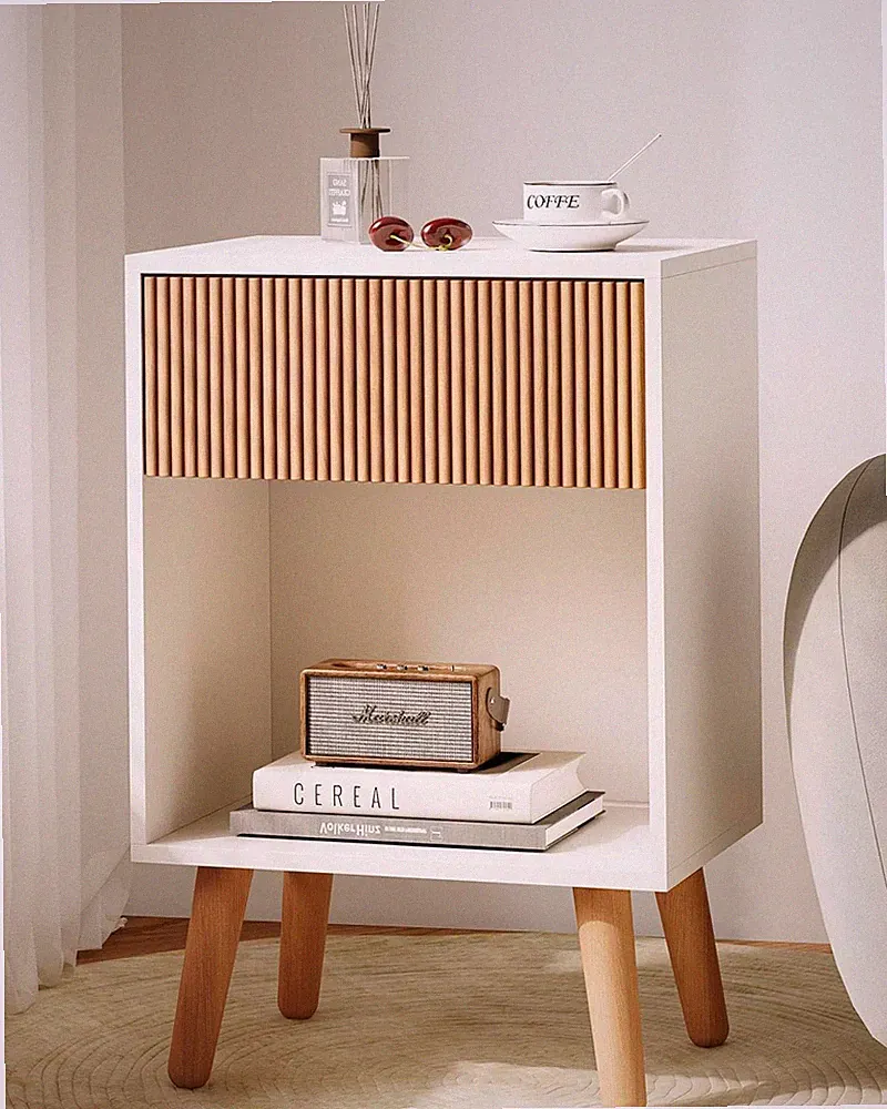 Fluted Nightstand, Modern Bedside Table with Storage Drawers and Open Wood Shelf