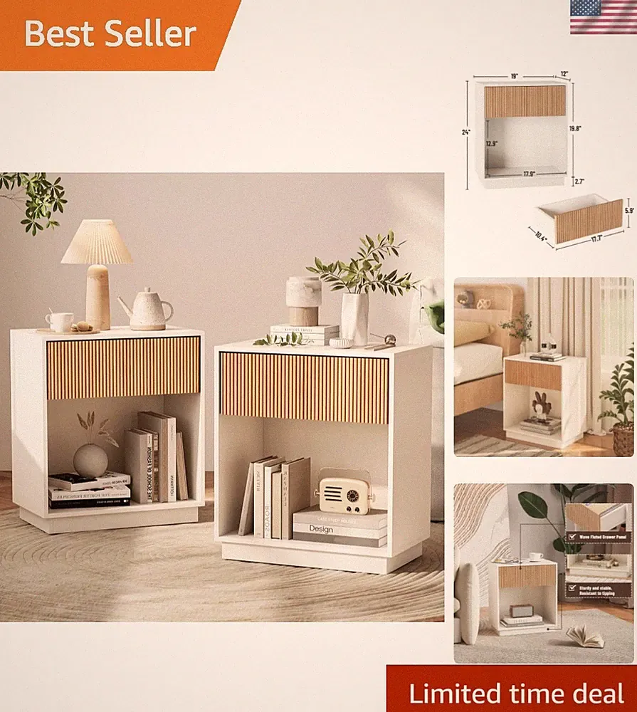 Fluted Nightstands Set of 2, Modern Bedside Table with Drawer and Storage She...