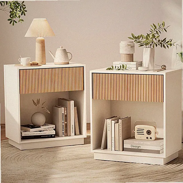 Fluted Nightstands Set of 2 Modern Bedside Table with Drawer and Storage Shelf
