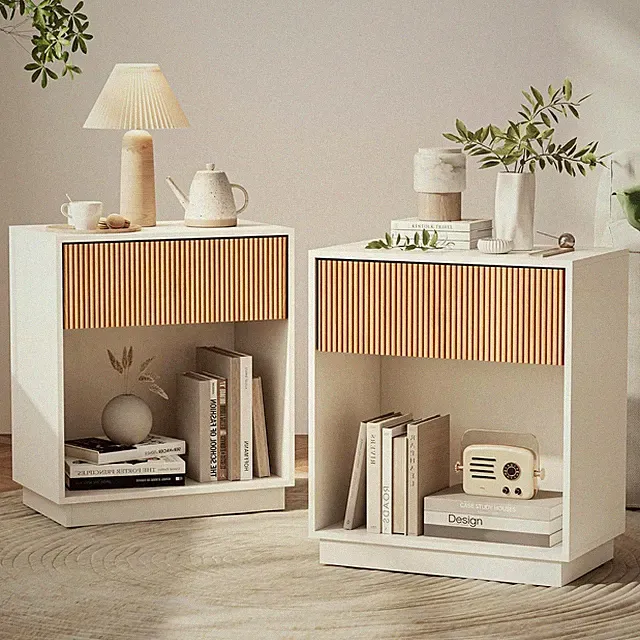 Fluted Nightstands Set of 2 Modern Bedside Table with Drawer Storage Shelf Wood