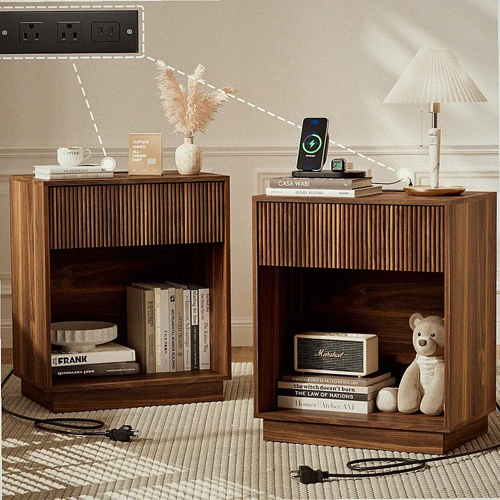 Fluted Nightstands Set of 2, Night Stand with Charging Stat, Modern Bed