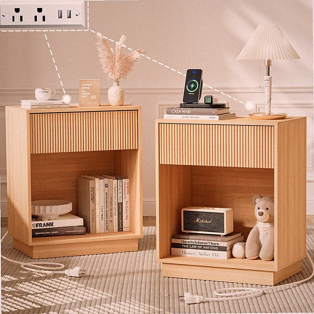 Fluted Nightstands Set of 2, Night Stand with Charging Station, Modern Bed Si...