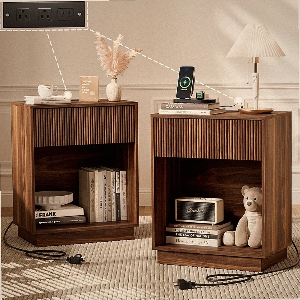 Fluted Nightstands Set of 2, Night Stand with Charging Station, Modern Bed Side
